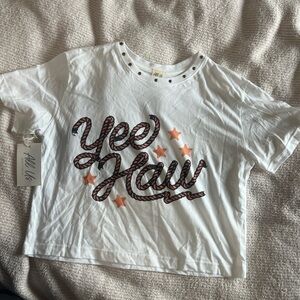 NWT Cowgirl “YeeHaw” White Crop Top Graphic Cotton Tee with Embellishments